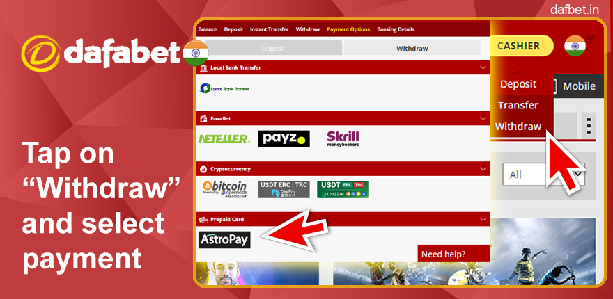 Click on “Withdraw” and explore the payment methods on Dafabet